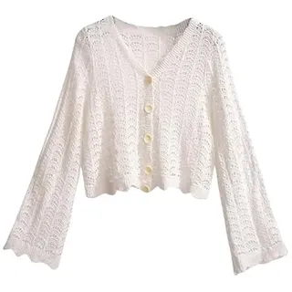 LCDIUDIU Damen Häkeltop, Weiß Langarm V Ausschnitt Button Down Strickjacke Jacke Sommer Lässig Locker Bolero Transparent Bikini Cover Up Weiß XL - XL