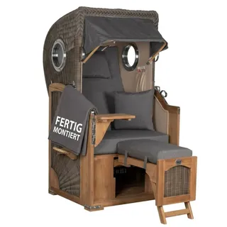 MR.DEKO Strandkorb Düne Single 1-Sitzer Bullauge Teak PE-Geflecht Grey 96x165x80, BxTxH: 96x80x165 cm, Vollieger, Düne Single, (Fertig montierter Strandkorb für Garten, Terrasse & Balkon, 1-tlg), Wetterfester Volllieger mit Edelstahlbeschlägen & waschbaren Polstern grau