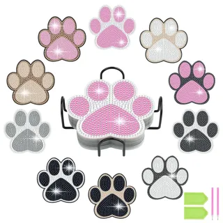 AUAUY 10 Pack Diamant-Maluntersetzer mit Ständer, Katzen-Fußabdruckmuster | Diamond Painting Untersetzer, Diamant Malset, DIY Diamant Kunsthandwerkszubehör, für Anfänger, Erwachsene, Kinder Geburtstag