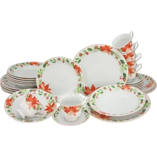 CreaTable Kombiservice Geschirr-Set Ivona, Winter, Advent, Weihnachten (30-tlg), 6 Personen, Porzellan, Service, Tasse auf Fuß, festliches Dekor, 30 Teile, für 6 Personen rot|weiß