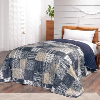Famanu Patchwork-Decke Mellow Blue im Vintage-Design - 220 x 240 cm - Blau