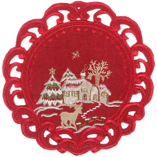 Quinnyshop Hirsch Weihnachts-Tischdeckchen 20 cm Rund Leinen Optik, Rot