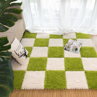 20 Stück Flauschige Ineinandergreifende Schaumstoffmatten-Bodensets,Plüsch-Puzzle-Schaumstoff-Bodenmatte,Flauschige Plüsch-Teppichfliesen für Wohnzimmer,Esszimmer(Color:grün+weiß)