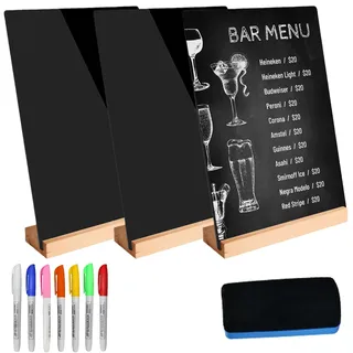 A5 Schiefertafel Zum Beschriften (21x14.8cm), 3 Stück Kreidetafel Aufsteller mit Holzständer, Kreidetafel Klein mit 7 Kreidefarben und Tafelwischer Kreidetafeln, für Hochzeit Schulbuffet