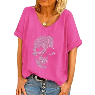 Damen Totenkopf Diamante Strass Design Baggy T Shirt Tops Punk Rock Mode Ärmellose T-Shirts - L