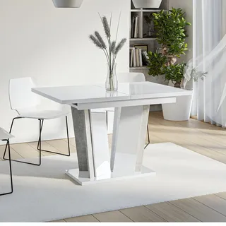 PROROOM FURNITURE DORA2 Ausziehbarer Esstisch 120-160x80 cm Moderner Rechteckiger Küchentisch Industrial Style Weiß Hochglanz Betonoptik