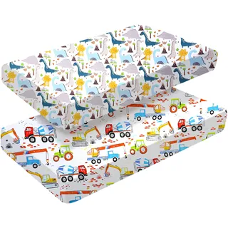 2-Pack Baumwolle Spannbettlaken für Mädchen Jungen | Bettwäsche für Kinderbett | Pflegeleichte weiche Baumwolle und haltbar, Einzigartige Auto & Dinosaurier Druck Baby Krippe Laken-60 x 120 cm