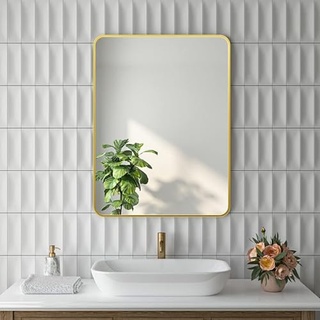 Goezes Gold Wandspiegel 50x70 cm Rechteckiger Spiegel mit Metall Rahmen, 70x50 cm Golden Metallrahmen Wandspiegel Badezimmerspiegel für Bad, Flur, Schlafzimmer, Wohnzimmer