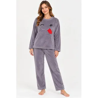fashionshowcase Hausanzug Damen Winter Pyjama Set Schlafanzug Plüsch Zweiteiler weich (Zweiteiliges Set (Langarmshirt und Hose) Kuscheliger Plüschstoff, modernes Design mit Schriftzug lila L (38)