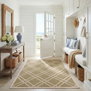 SAFAVIEH Geometrisch Teppich für - Wasserdicht - Wohnzimmer, Esszimmer, Schlafzimmer - Courtyard Collection, Kurzer Flor, Grün und Beige, 160 X 231 cm