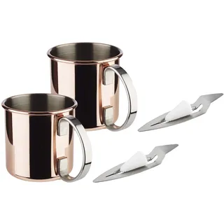 APS 65071 Mini Feuerzangenbowle Set, 2 Edelstahl Becher im Kupfer-Look, Punschgefäß, 2 Mini-Feuerzangen, Zuckerzange, 50 Mini-Zuckerhüte, Feuerzangenbowle Set Edelstahlbecher