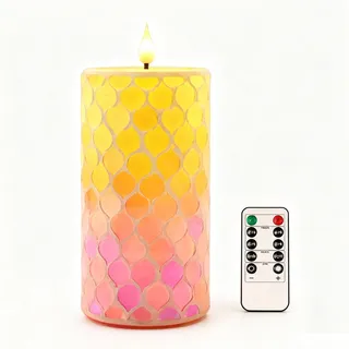 Da by 1 Stück Handgemachte Mosaik LED Kerze mit Gelb-Rosa Farbverlaufs-Glasscherben, sanft flackernde Flamme, Naturwachs & Buntglas, 8,3x18cm, Fernbedienung, wiederverwendbar zur Innendekoration