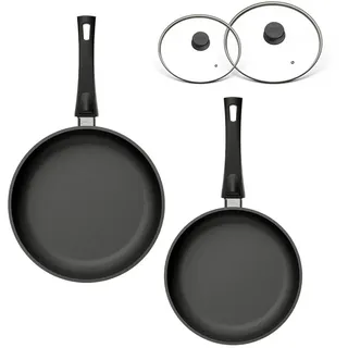 Hoffmann Germany Pfannen-Set STONIQ PFAS-frei Bratpfannen-Set 4-tlg. Ø 24+28 cm Aluguss Induktion, Aluguss (Set, 4-tlg., 2x Bratpfanne Ø 24 cm + Ø 28 cm + 2x Glasdeckel), abnehmbarer Griff, PFAS-frei, Induktion, 4-tlg. schwarz