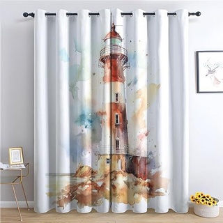 QEODAH Vorhänge Leuchtturm Nautisch Maritim Gardinen mit Ösen, Vorhang Blickdicht, Verdunklungsvorhänge, Schlafzimmer Wohnzimmer & Kinderzimmer Deko, Blackout Curtain 2er Set H 160 x B 140 cm