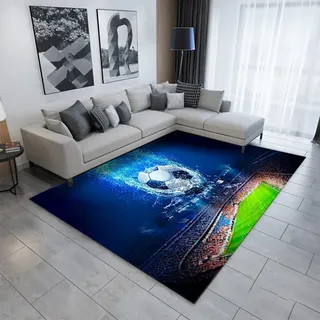 MANGGUO Fußball Teppich Schlafzimmer Wohnzimmer Küche Teppiche Sport Fußballplatz Bodenmatte Fußmatten Badezimmer Gymnastikmatte Wurf Krabbel Matte (Blau, 80x120 cm)