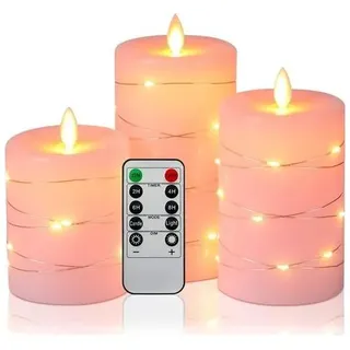 Taishengda - Led-kerzen Mit 360°-sichtwinkel Und Sternenlichterkette, 3er-set Led-kerzen, Mit 10-tasten-fernbedienung, 24-stunden-timerfunktion, Tanzende Flamme (rosa)