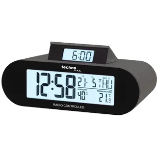 Technoline WT 376 Funkwecker DCF77 mit großer LCD-Anzeige | Weckzeit-Projektion | Temperatur- & Luftfeuchtigkeitsanzeige | Datum | Wochentag | Snooze | Nachtlicht | Schwarz