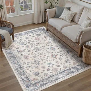 PureCozy Teppich Wohnzimmer 120x170cm Waschbarer Teppiche,Blau&Weiß | Blumenmuster,Waschbar, Rutschfest, Kurzflor, Weich, Schlafzimmer, Esszimmer, Büro, Flur, Kinderzimmer