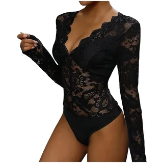 Generisch Damen Spitzenbody Langarm - Trachtenrock Lace Bodysuit Kids Durchsichtig Oberteil Spitzentop Sommer Jumpsuit Rundhals Body Spitzen Oberteile Dirndlbody