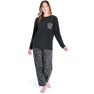 CityComfort Fleece Schlafanzug Damen Lang, 2-Teiliges Pyjama Set, Hausanzug Damen Winter, Geschenke für Frauen Jugendliche (L, Schwarz/Leopard) - L