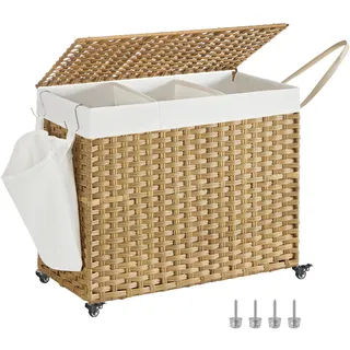 SONGMICS Wäschekorb mit Deckel, 160 L, Wäschesammler 3 Fächer, Wäschesortierer mit Rollen, in Rattan-Optik, Wäschesack herausnehmbar, für Waschküche, 76 x 33 x 66 cm, naturfarben LCB365N01
