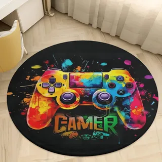 PEIHUODAN Runder Teppich für Spielekonsolen, Wohnzimmerteppich mit Neon Totenkopf Gamepad Teppich für Jungen Gamingstühle Gamecontroller Gamer Runde Gaming Teppich für Kinderzimmer (Grün,150 cm)