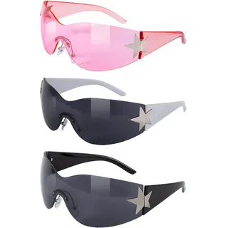 TJHDSF 3 Stück Rave Brille, Y2K Sonnenbrille Herren Damen UV400 Festival | Futuristische Techno Brille, Sonnenbrille Rave mit Wrap Around Design, leichte UV400 Brille für Sport, Radsport und Outdoor