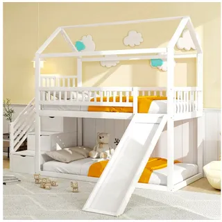 Flieks Hochbett Etagenbett 90x200cm mit oberem Lattenrost, Rutsche und Stauraumtreppe weiß