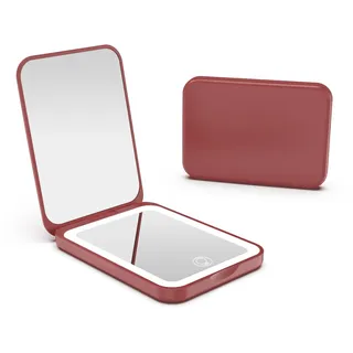 Kintion LED Taschenspiegel, 1X/3X Reisespiegel mit licht, Wiederaufladbarer Taschenspiegel, 3 Farbtemperatur Klappbar, Dimmbar, Kleine Handtaschenspiegel Frauen als Geschenk, Weinrot