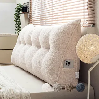Rückenkissen Bett 150 cm, Große Bettkissen Rückenlehne Beige, Teddy Velvet Keilkissen Bett Kopfteil Kissen, Dreieckiges Rückenpolster für die Wand, Waschbar Rückenstützkissen Keil Lendenkissen
