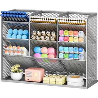 VITVITI Schreibtisch Organizer, 9 Fächer Stiftehalter, Netz Stifte Regal aus Metall, Stiftehalter Schreibtisch für Schule Heim Büro (Silber)