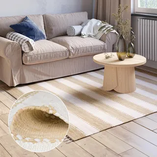 Aarav Chindi Fleckerlteppich 60 x 110 cm - Handgewebter Flickenteppich | Beige Weiß gestreift, recycelte Baumwolle, Kelim Wendeteppich, geeignet für Fußbodenheizung, Allergiker-freundlich