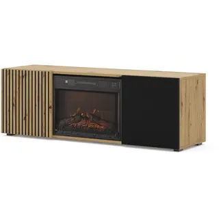 BIM Furniture TV Lowboard AURIS – 150x42x42 cm Stehend Wohnzimmermöbel, mit elektrischem Kamin, Grifflose Fronten, Stauraum – Eiche Artisan/Schwarz Matt