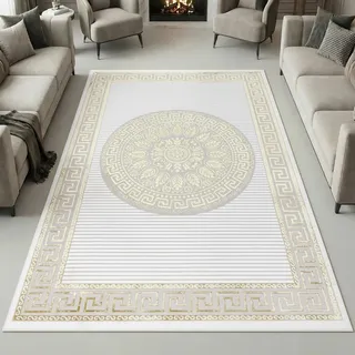 Teppich-Traum Teppich Wohnzimmer Schlafzimmer Kurzflor orientalisch elegant edel Ornamente Glanzeffekt Mäander Creme Gold 120 x 170 cm