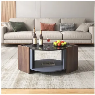 REDOM Couchtisch Couchtisch aus schwarzem Marmor und Walnussmaserung (mit großen Stauraum, Konstruktion aus Holzwerkstoff), einzigartigen Linien schwarz