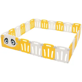 Joyz Laufstall Baby 240×240 cm, Laufgitter faltbar, Panda-Design, Weiß-Gelb, Absperrgitter mit Tür und Lernuhr, Playpen aus Kunststoff, Babyzaun, Kinderlaufstall Innen/Außen, Krabbelgitter für Kinder