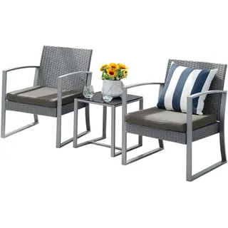 Svita LOIS L Poly Rattan Sitzgruppe Gartenmöbel Metall-Garnitur Bistro-Set Tisch Sessel Grau - Grau