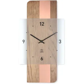 Natuhr Holz Metall Glas Wanduhr - Fusion - geräuscharm Quarz-Uhrwerk plastikfrei verpackt (Eiche rustikal/Kupfer Auflage)