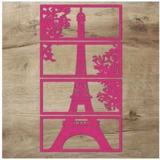 Namofactur Wanddekoobjekt XXL Eiffelturm Holz Wandbild Paris Wanddeko Wohnzimmer Schlafzimmer (6mm, 4-teilig), 3D-Wandtattoo Eiffelturm Paris gerahmt Wandgestaltung für dein Zuhause rosa