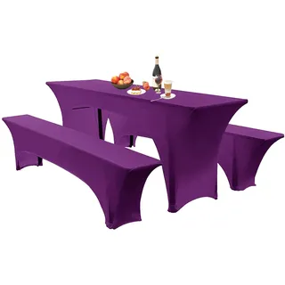 Elastische Hussen Für Bierzeltgarnitur Biertischhussen Bierbank-Auflage & Tischdecke 50 cm Oder 70 cm Tischbreite, 3 TLG Set Stretch Hussen Für Festzeltgarnituren Bierbank (70cm,Purple)