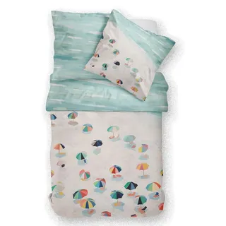 Sympathica Satin Bettwäsche 135x200 cm Strand Meer Sonnenschirme Sommer Wende - Beige/Aqua/Türkis