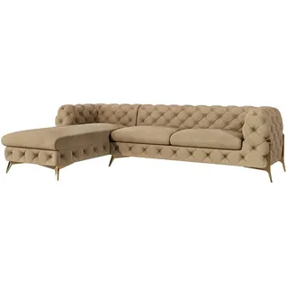 s-style möbel - Chesterfield Ecksofa mit Ottomane links Nova mit Goldene Metall Füßen aus Beige Samtstoff, B/T/H: 305 cm/ 200 cm/ 75 cm - Beige