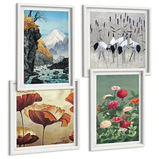 BILDER SET 4er Set - 50x50 cm & 40x60 cm Weißer Rahmen - Berge, Wasserfälle, Vögel, Blumen