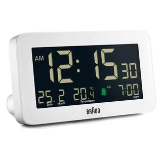 Braun Wecker BC10W Funk digital, Thermometer, Lichtsensor, weiß
