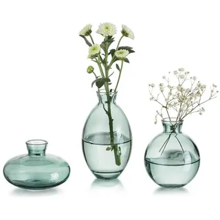 LuxusKollektion Tischvase Kleine Glasvase Vintage Grün 3-teilig Handmade Mini Vasen Set beige