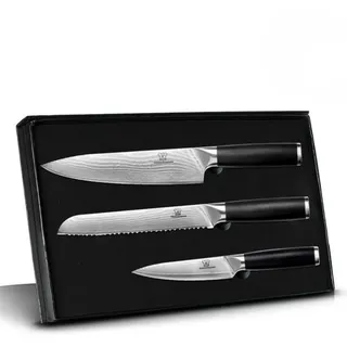 Küchenkompane Messer-Set Küchenkompane 3-tlg. Damast-Messerset Okami inkl. Chefmesser (3-tlg), 3-teiliges Set, 67 Lagen Damaststahl, 62 HRC, Edelstahlgriff silberfarben