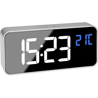TFA Dostmann Digitaler Wecker mit Spiegeleffekt, 60.2032.54, 2 Alarmzeiten, 16 Wecktöne, mit 4 Helligkeitsstufen, Uhrzeit (AM/PM), mit integrierten Akku, Silber (L) 145 x (B) 32 x (H) 65 mm