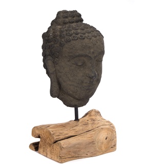 CREEDWOOD SKULPTUR Buddha | 45 cm, Beton | Buddha Figur auf Holz Sockel, Buddha-Kopf Statue, Deko Figur, Dekoobjekt Buddha, lächelnde Buddhafigur, Buddhastatue