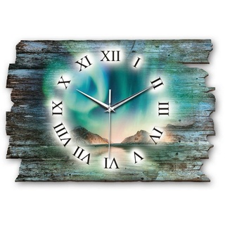 Kreative Feder Funkwanduhr Design-Wanduhr „Nordlichter“ aus Holz (ohne Ticken; flüsterleises Uhrwerk; außergewöhnlich, modern) blau|grün