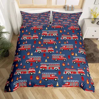 Feuerwehr Lkw Bettbezug 220x240 Rote Feuerwehr Lkw Bettwäsche Set, Marine Tröster Abdeckung Jungen Cartoon Auto Bett Set, Leichte Weiche Gemütliche Bettwäsche mit 2 Kissenbezüge (Reißverschluss)